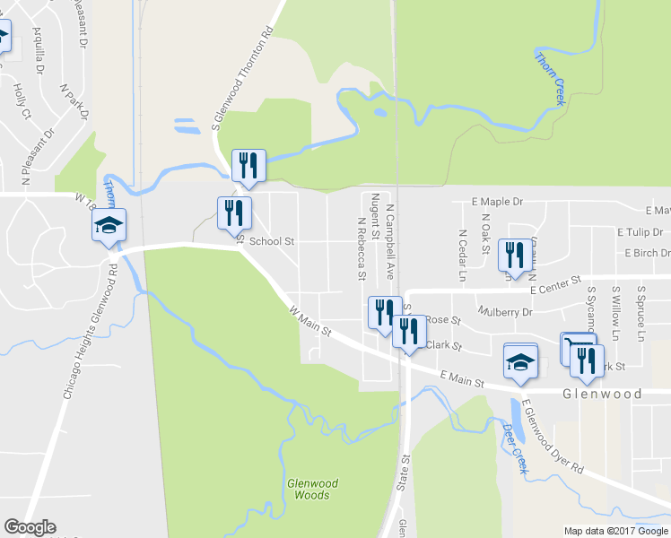 map of restaurants, bars, coffee shops, grocery stores, and more near 23 North Wabash Avenue in Glenwood
