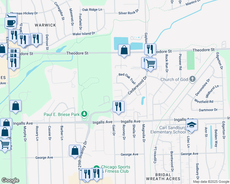 map of restaurants, bars, coffee shops, grocery stores, and more near 1219 Cedarwood Drive in Crest Hill