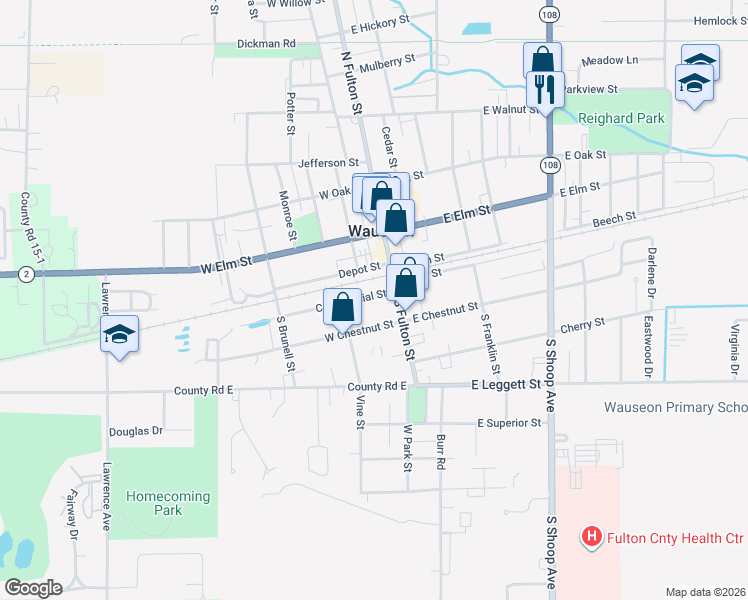 map of restaurants, bars, coffee shops, grocery stores, and more near 135 Commercial Street in Wauseon