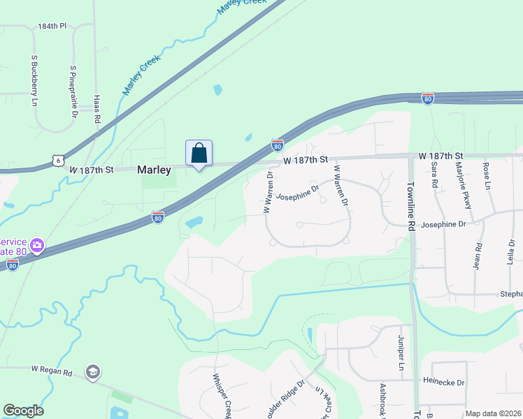 map of restaurants, bars, coffee shops, grocery stores, and more near 12351 Warren Drive in Mokena