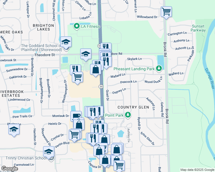 map of restaurants, bars, coffee shops, grocery stores, and more near Peacock Ln & Quail Dr in Plainfield