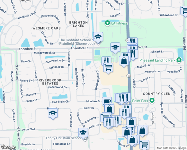 map of restaurants, bars, coffee shops, grocery stores, and more near 5117 Edgewater Court in Plainfield