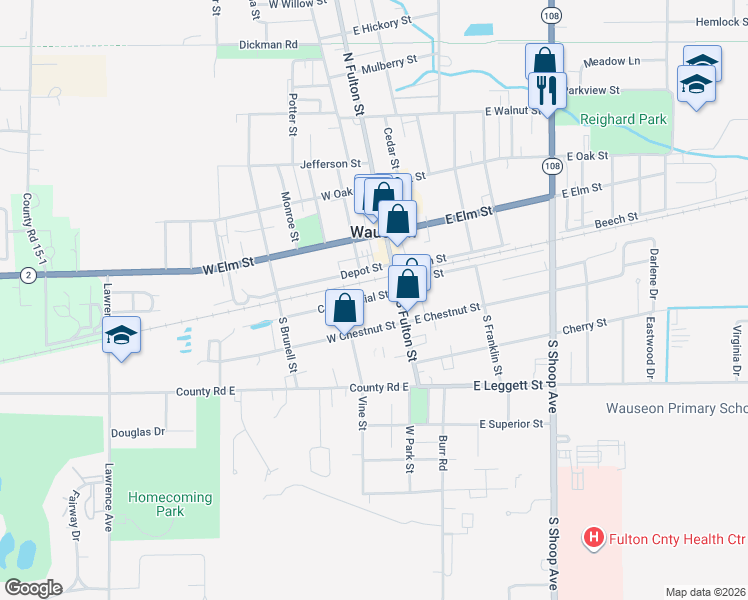 map of restaurants, bars, coffee shops, grocery stores, and more near 135 Commercial Street in Wauseon