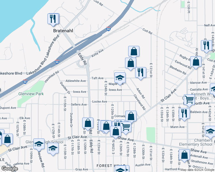 map of restaurants, bars, coffee shops, grocery stores, and more near 379 East 124th Street in Cleveland