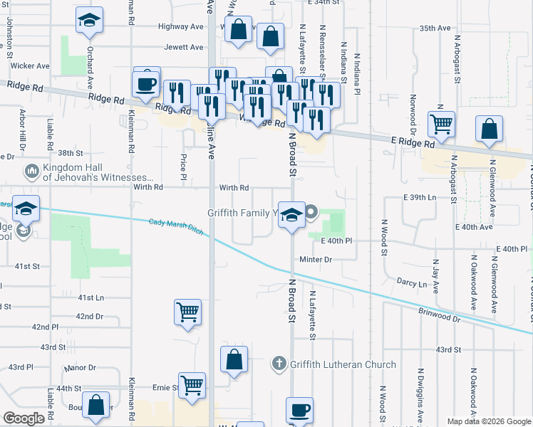map of restaurants, bars, coffee shops, grocery stores, and more near 1416 North Griffith Boulevard in Griffith