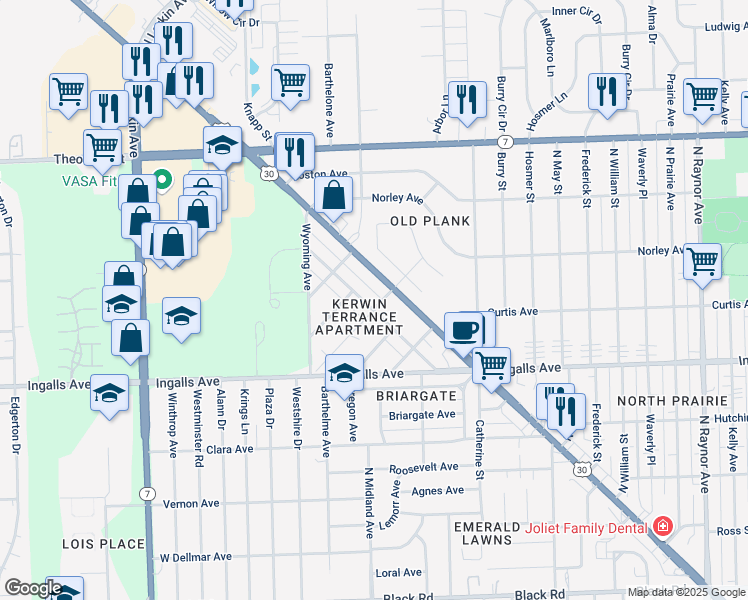 map of restaurants, bars, coffee shops, grocery stores, and more near 1405 Colorado Avenue in Joliet
