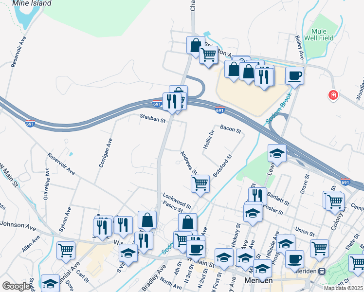 map of restaurants, bars, coffee shops, grocery stores, and more near 15 Edgewood Place in Meriden