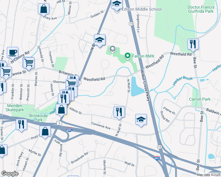 map of restaurants, bars, coffee shops, grocery stores, and more near 85 Westfield Road in Meriden
