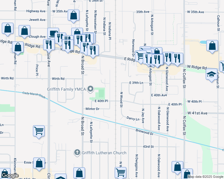 map of restaurants, bars, coffee shops, grocery stores, and more near 1421 North Indiana Street in Griffith