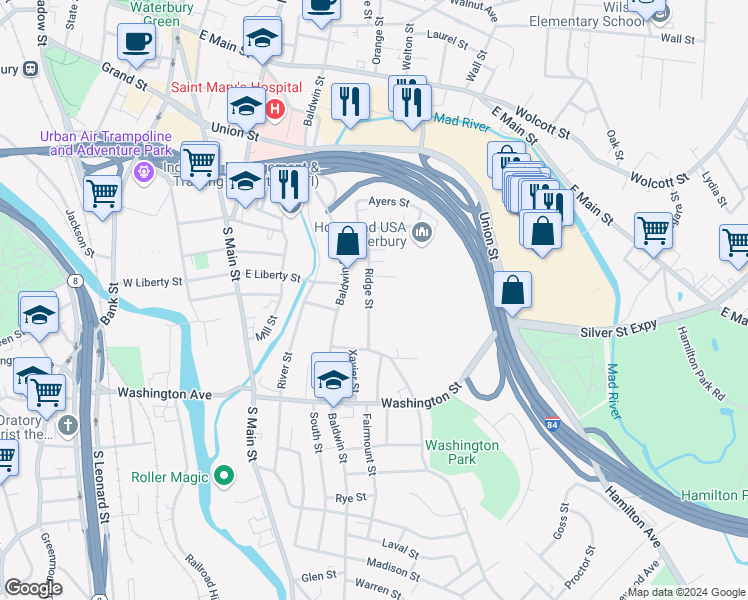 map of restaurants, bars, coffee shops, grocery stores, and more near 83 Ridge Street in Waterbury
