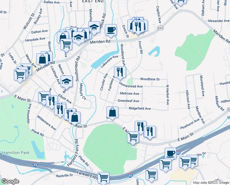 map of restaurants, bars, coffee shops, grocery stores, and more near 151 Frost Road in Waterbury