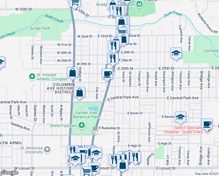 map of restaurants, bars, coffee shops, grocery stores, and more near 205 East Columbia Avenue in Davenport