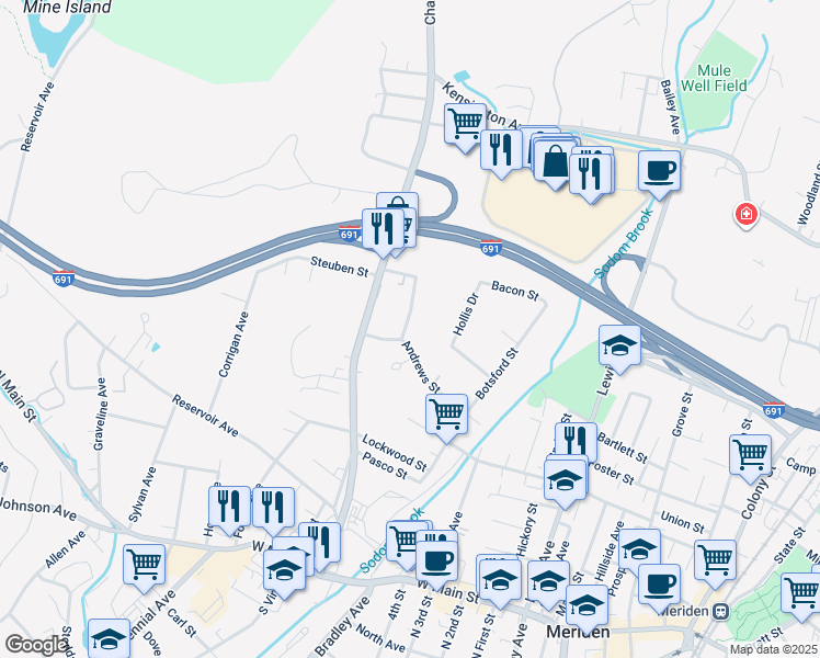 map of restaurants, bars, coffee shops, grocery stores, and more near 13 Edgewood Place in Meriden