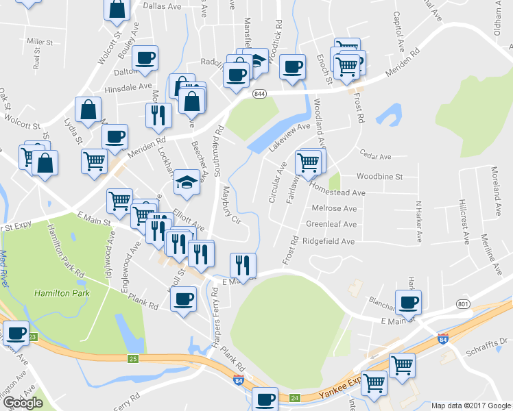 map of restaurants, bars, coffee shops, grocery stores, and more near 88 Lakeview Avenue in Waterbury
