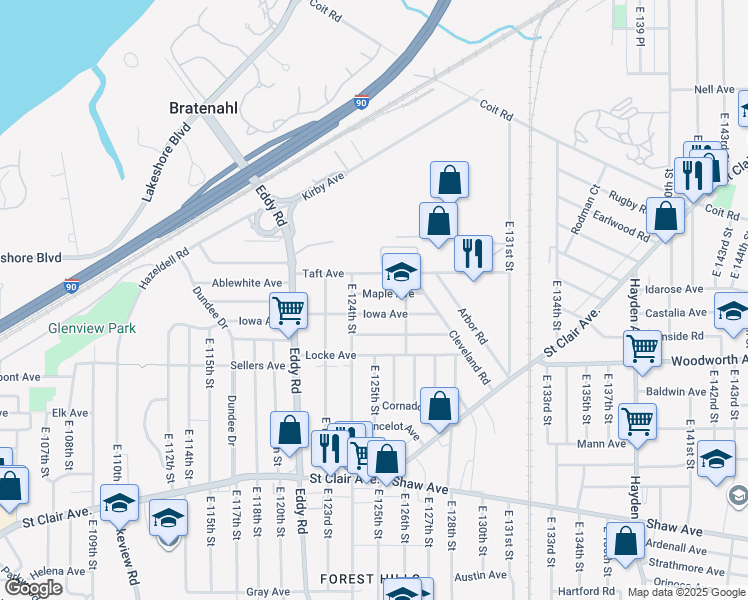 map of restaurants, bars, coffee shops, grocery stores, and more near 12510 Maple Avenue in Cleveland