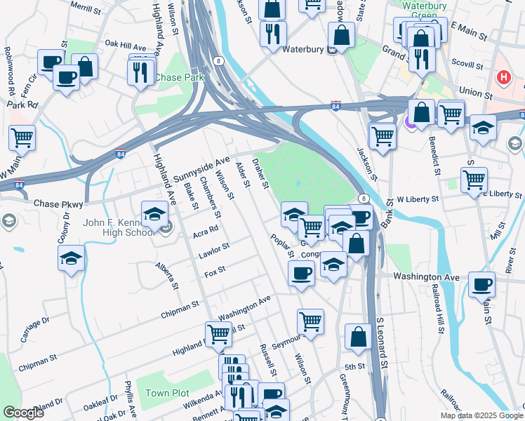 map of restaurants, bars, coffee shops, grocery stores, and more near 148 Alder Street in Waterbury