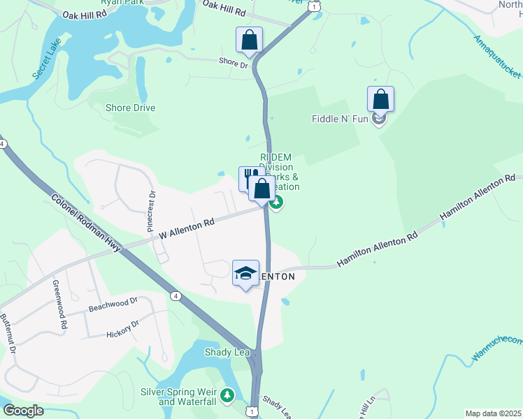 map of restaurants, bars, coffee shops, grocery stores, and more near 1085 Tower Hill Road in North Kingstown