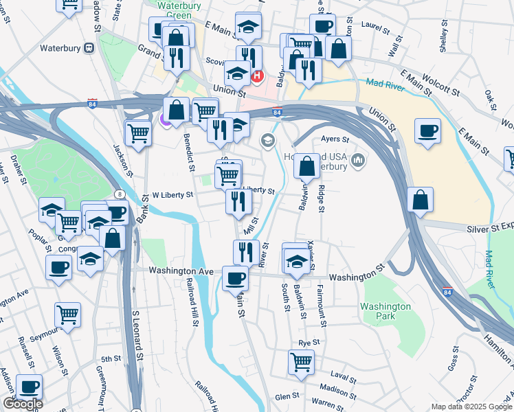 map of restaurants, bars, coffee shops, grocery stores, and more near 382 Mill Street in Waterbury