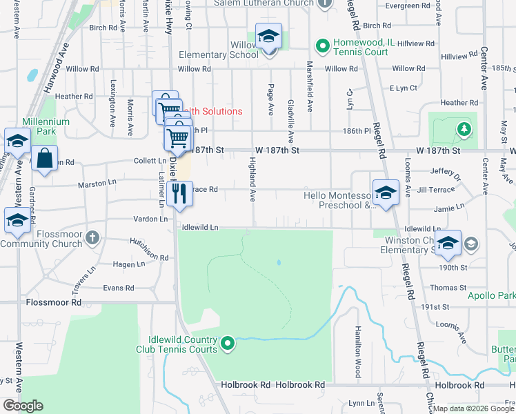 map of restaurants, bars, coffee shops, grocery stores, and more near 18815 Highland Avenue in Homewood
