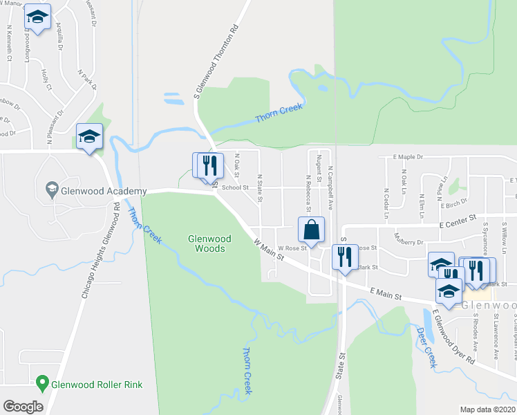map of restaurants, bars, coffee shops, grocery stores, and more near 0 North Glenwood Avenue in Glenwood