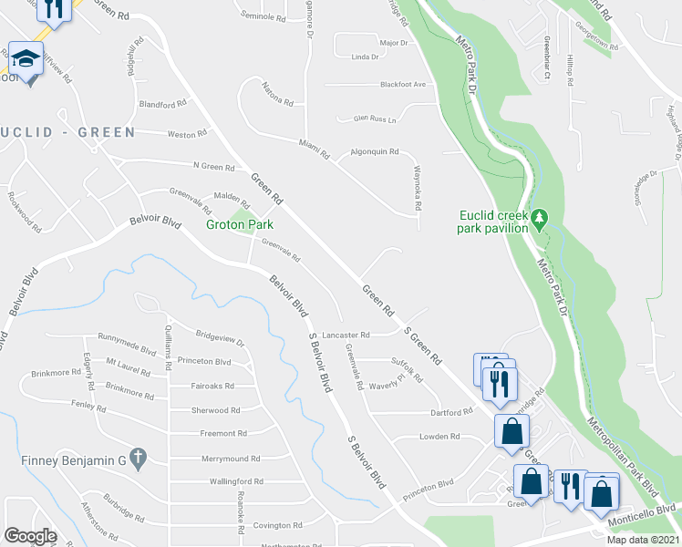 map of restaurants, bars, coffee shops, grocery stores, and more near 2300 Green Road in Cleveland