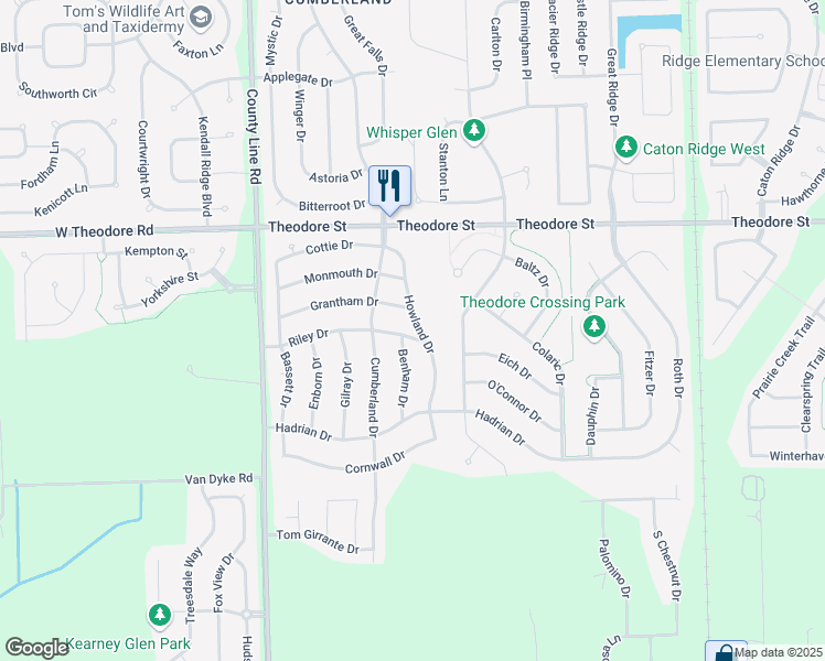 map of restaurants, bars, coffee shops, grocery stores, and more near 6877 Riley Drive in Joliet