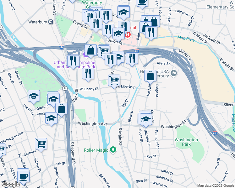 map of restaurants, bars, coffee shops, grocery stores, and more near 649 South Main Street in Waterbury