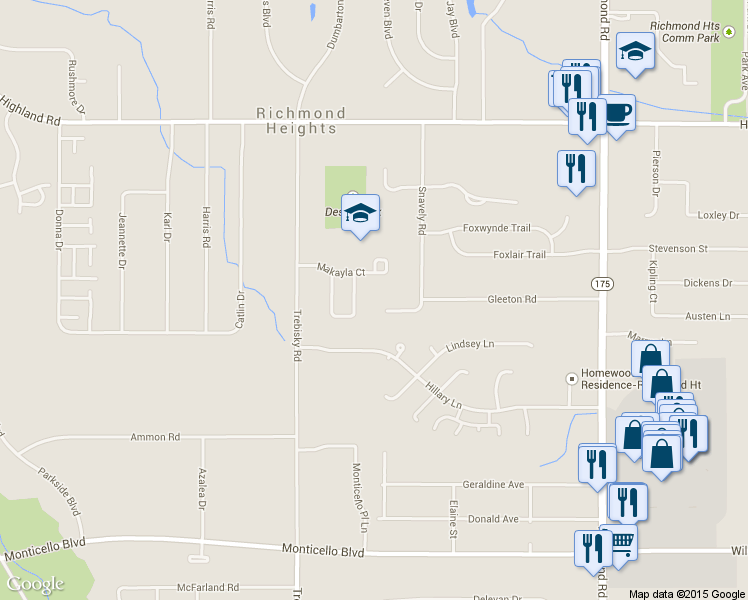 map of restaurants, bars, coffee shops, grocery stores, and more near 4765 Rachel Lane in Richmond Heights