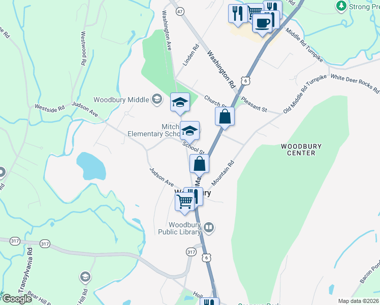 map of restaurants, bars, coffee shops, grocery stores, and more near 9 School Street in Woodbury