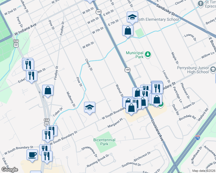 map of restaurants, bars, coffee shops, grocery stores, and more near 214 Meadowood Drive in Perrysburg