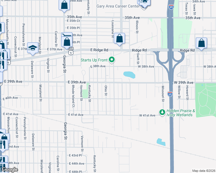 map of restaurants, bars, coffee shops, grocery stores, and more near 3930 Ohio Street in Gary