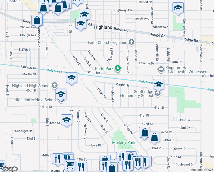 map of restaurants, bars, coffee shops, grocery stores, and more near 9139 Highland Street in Highland