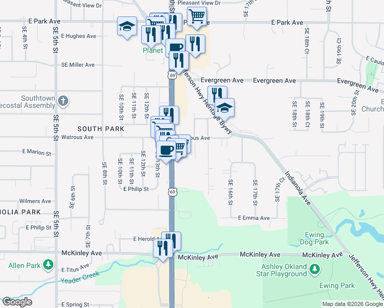map of restaurants, bars, coffee shops, grocery stores, and more near 4100 Southeast 15th Street in Des Moines