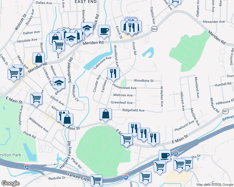 map of restaurants, bars, coffee shops, grocery stores, and more near 35 Melrose Avenue in Waterbury