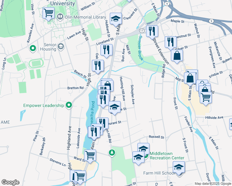 map of restaurants, bars, coffee shops, grocery stores, and more near 25 Birdsey Avenue in Middletown