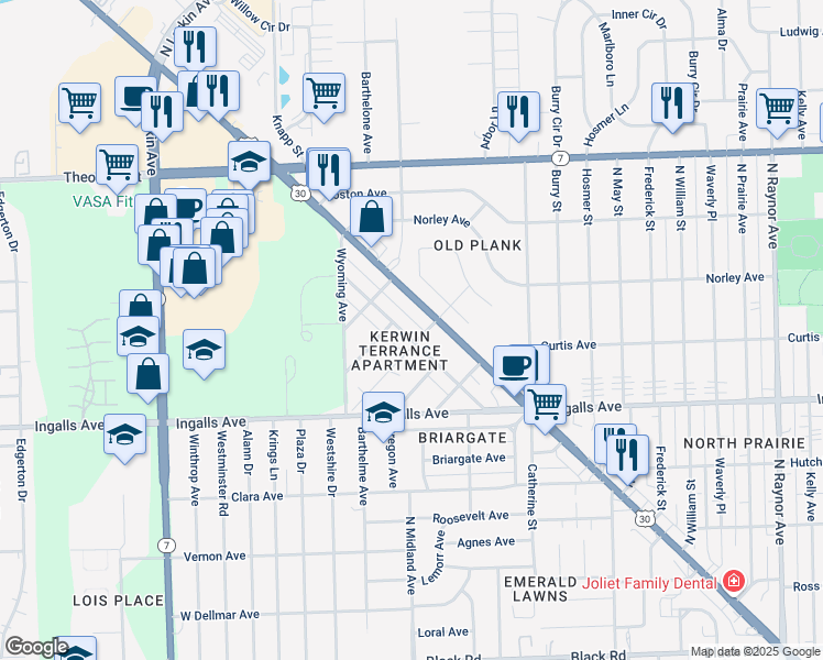 map of restaurants, bars, coffee shops, grocery stores, and more near 1405 Colorado Avenue in Joliet