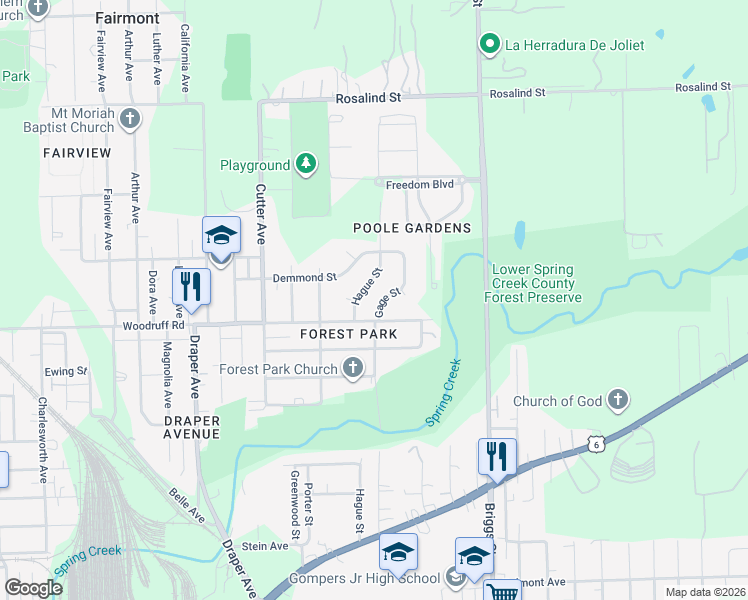 map of restaurants, bars, coffee shops, grocery stores, and more near 1207 Gage Street in Joliet