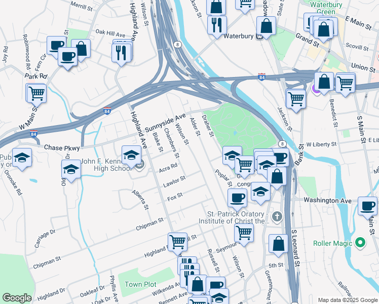 map of restaurants, bars, coffee shops, grocery stores, and more near 368 Wilson Street in Waterbury