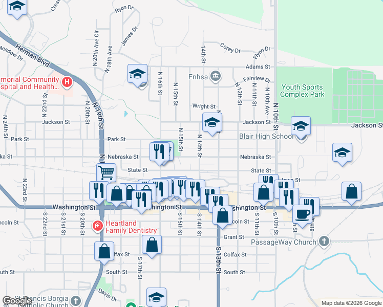 map of restaurants, bars, coffee shops, grocery stores, and more near 1426 Nebraska Street in Blair