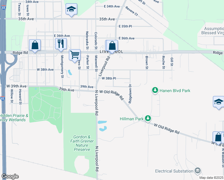 map of restaurants, bars, coffee shops, grocery stores, and more near 3006 West Old Ridge Road in Gary