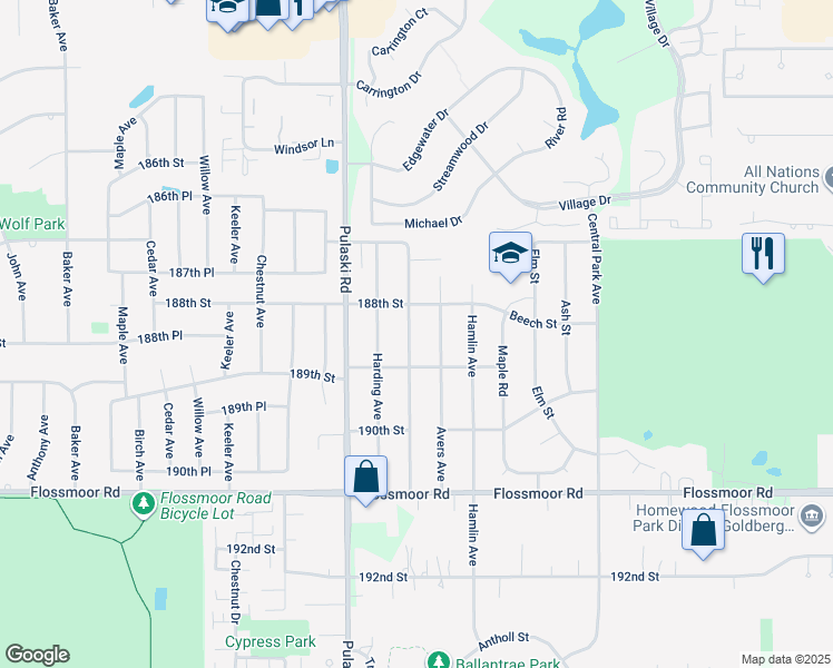 map of restaurants, bars, coffee shops, grocery stores, and more near 18825 Springfield Avenue in Flossmoor