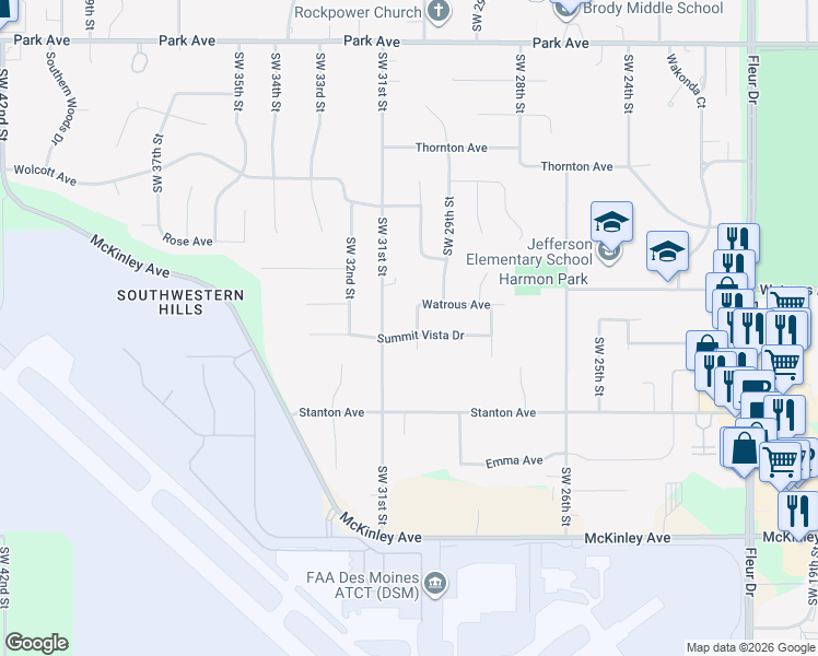 map of restaurants, bars, coffee shops, grocery stores, and more near 3001 Summit Vista Drive in Des Moines