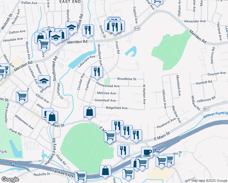 map of restaurants, bars, coffee shops, grocery stores, and more near 93 Melrose Avenue in Waterbury