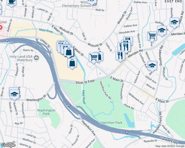 map of restaurants, bars, coffee shops, grocery stores, and more near 39 Silver Street in Waterbury