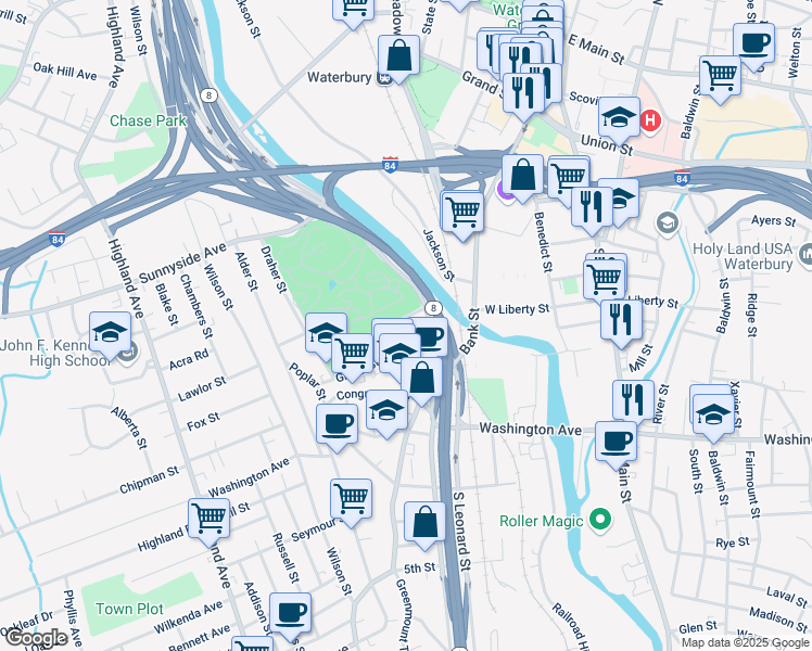 map of restaurants, bars, coffee shops, grocery stores, and more near 10 Green Street in Waterbury