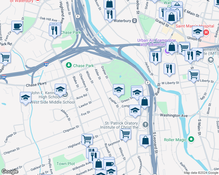 map of restaurants, bars, coffee shops, grocery stores, and more near 59 Draher Street in Waterbury