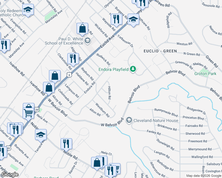 map of restaurants, bars, coffee shops, grocery stores, and more near 1973 Hilton Road in Cleveland