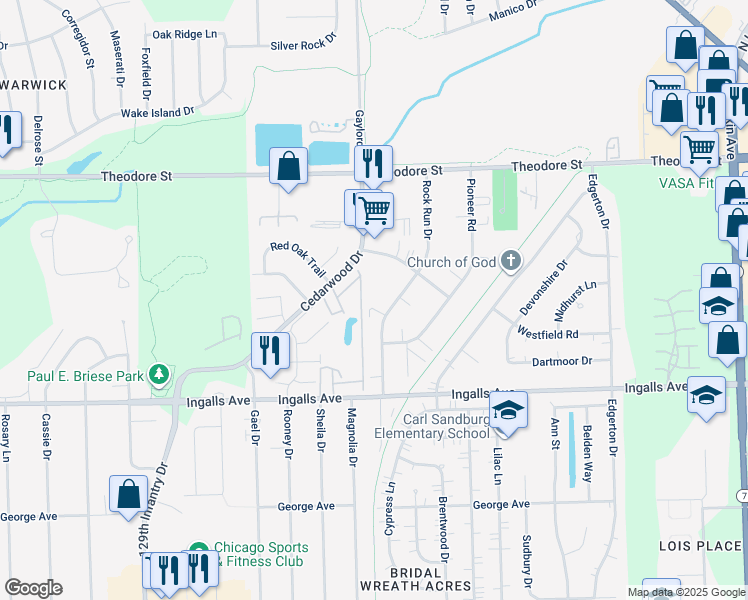 map of restaurants, bars, coffee shops, grocery stores, and more near 1316 Cedarwood Drive in Crest Hill