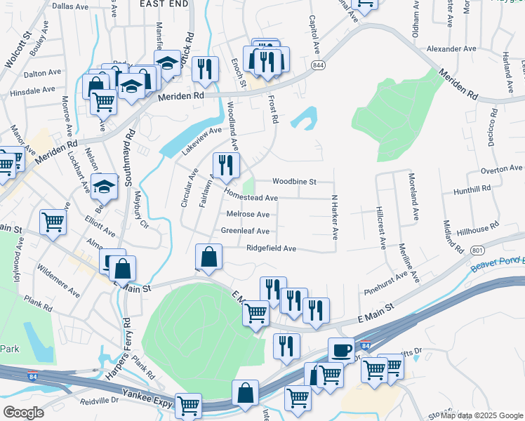 map of restaurants, bars, coffee shops, grocery stores, and more near 93 Melrose Avenue in Waterbury