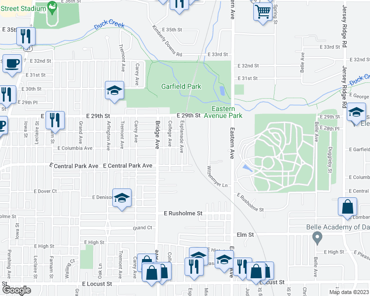 map of restaurants, bars, coffee shops, grocery stores, and more near 2637 Esplanade Avenue in Davenport